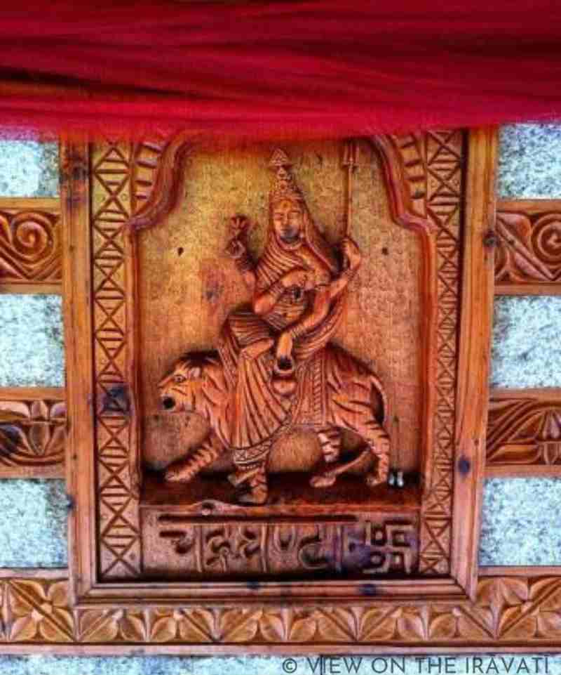 Wooden panel of Chandraghanṭā on Chanju Mandir, one of the nine forms of Durgā worshiped during Navarātri.