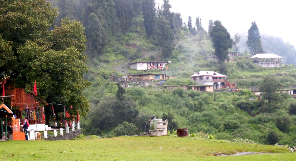 Partial view of Chanju Kali Mata Temple with village and trail to Khundi Mata in background