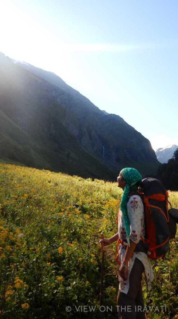 Standing in a field of yellow flowers on the way to Khundi Mata